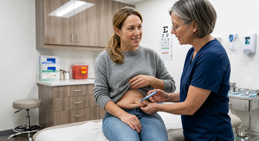 Healthcare provider injecting semaglutide injection pen to a female patient.