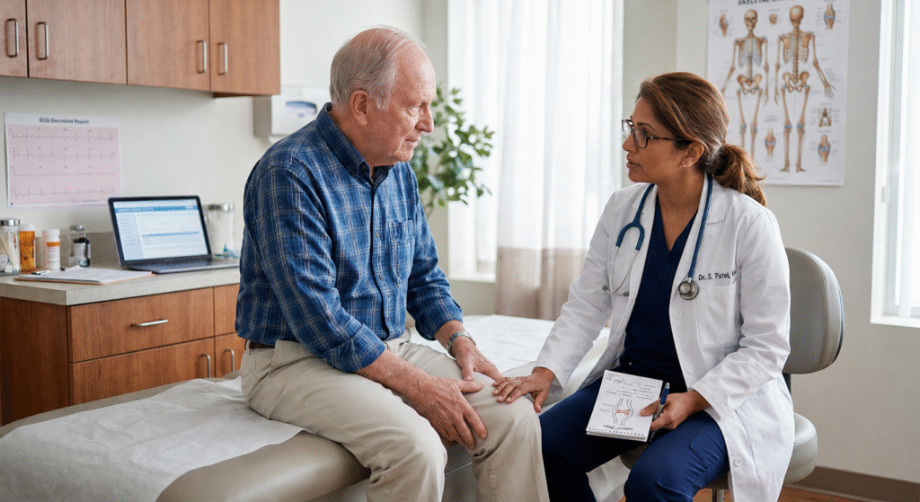 Doctor examining a senior patient's knee during a consultation.