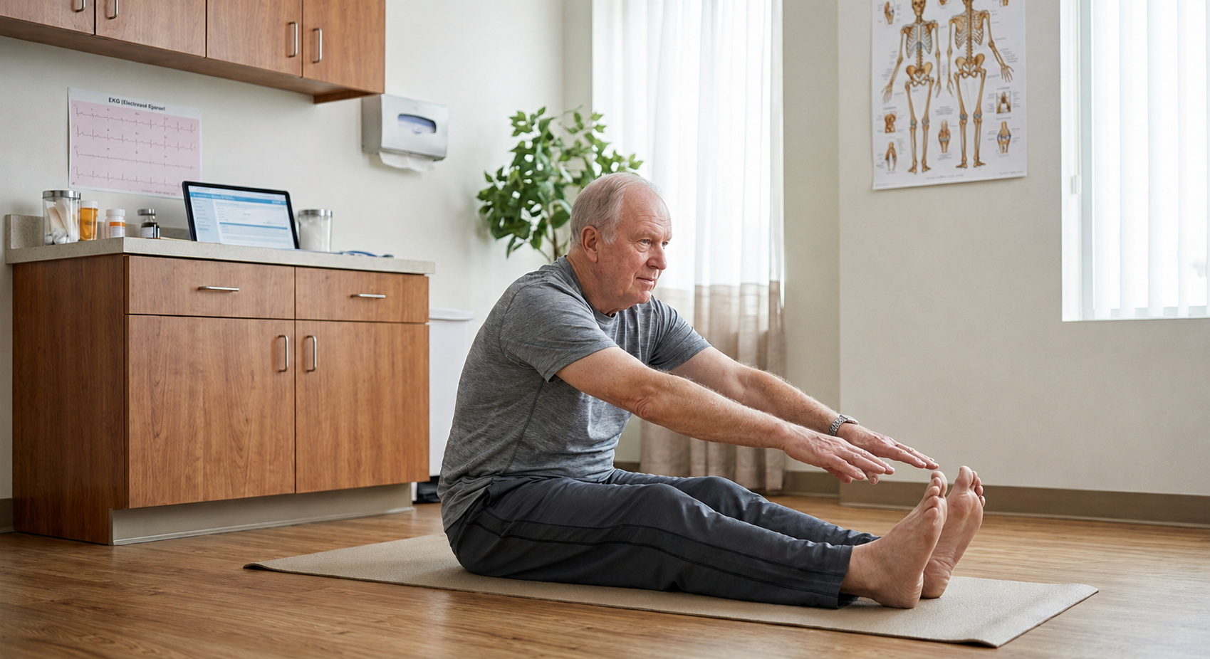 Senior man performing a seated forward fold stretch on a yoga mat 
